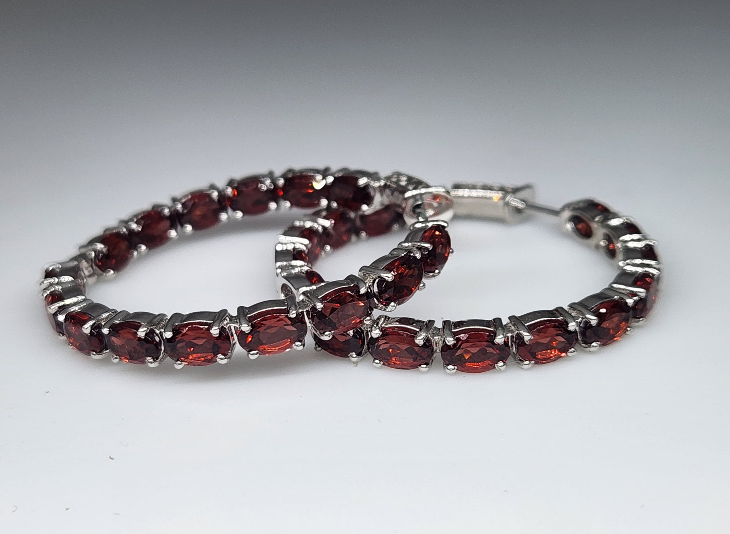 Red Garnet Gemstone Hoop Earrings Sterling Silver #435