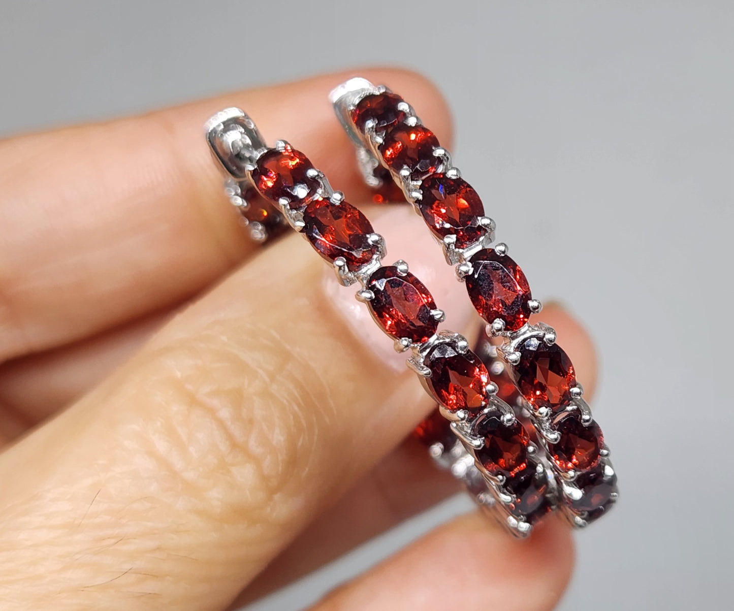 Red Garnet Gemstone Hoop Earrings Sterling Silver #435