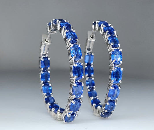 Blue Kyanite Gemstone Hoop Earrings Sterling Silver #436
