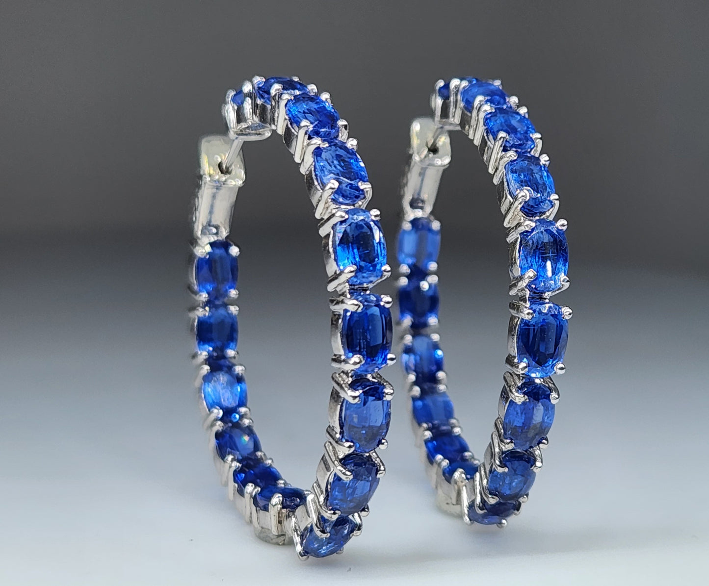 Blue Kyanite Gemstone Hoop Earrings Sterling Silver #436