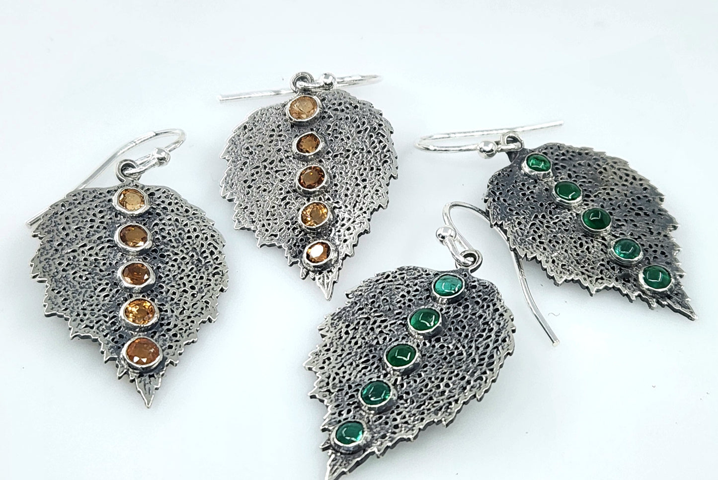 Emerald Leaf Earrings Sterling Silver Gemstone Jewelry #464