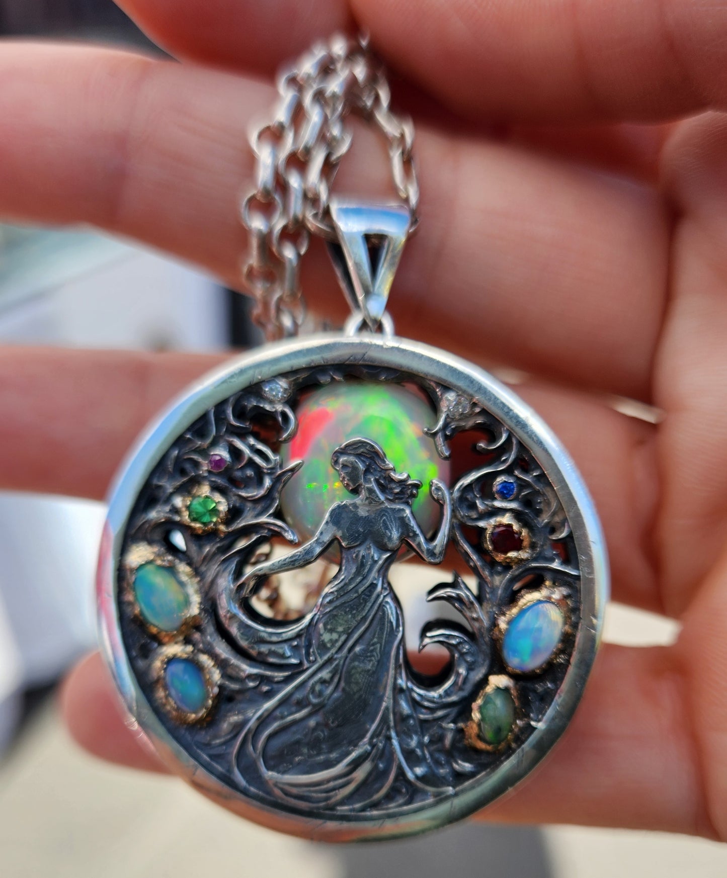 Opal Carved Lady Medallion Pendant Sterling Silver & 14k Gold Pendant #467