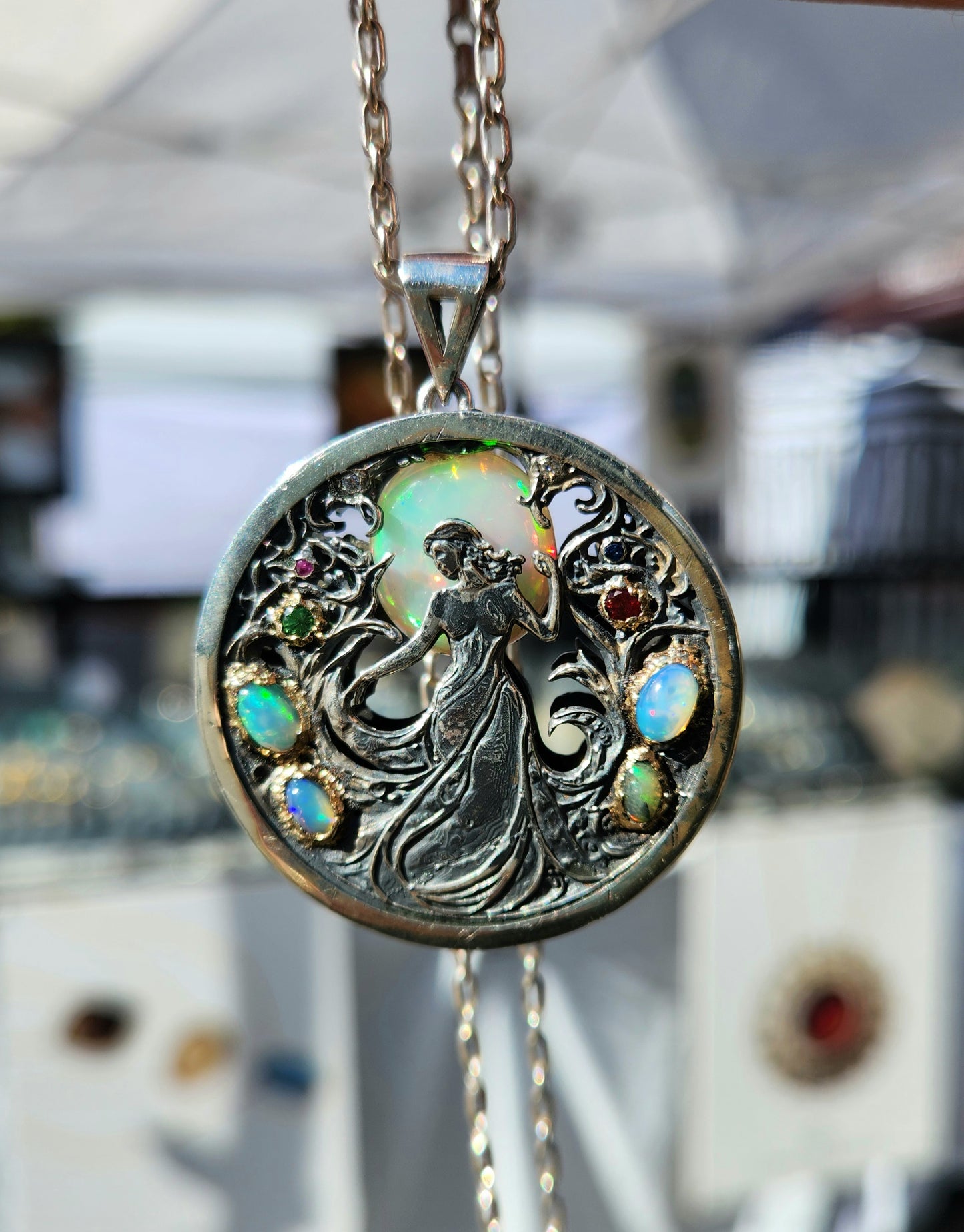Opal Carved Lady Medallion Pendant Sterling Silver & 14k Gold Pendant #467