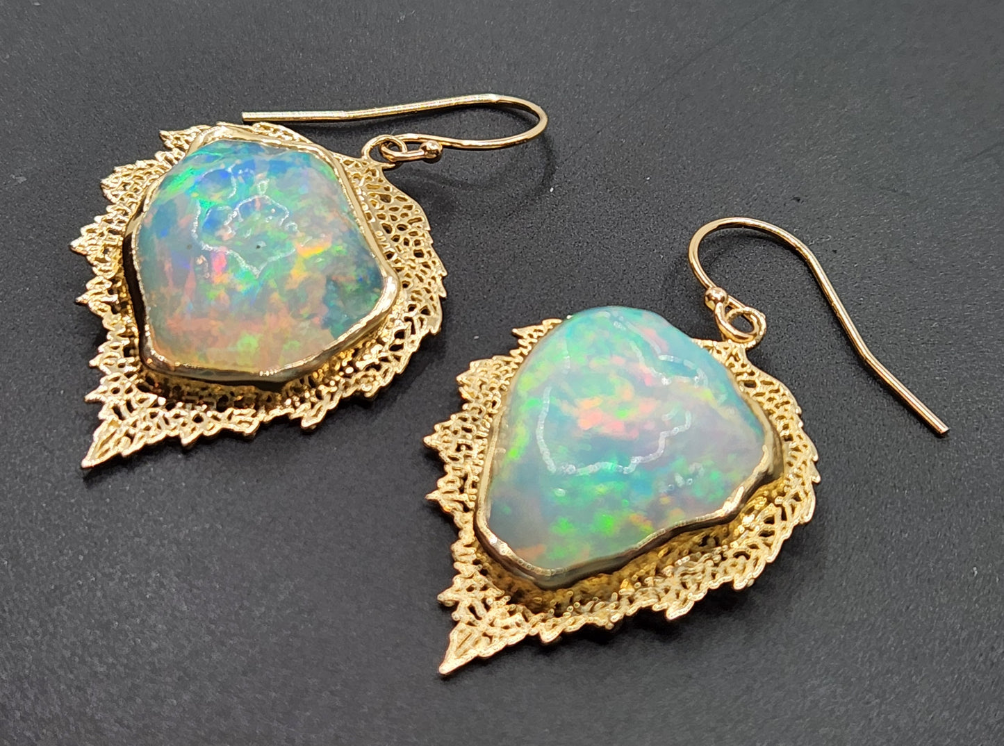 Carved Opal Leaf Earrings 14k Gold #462