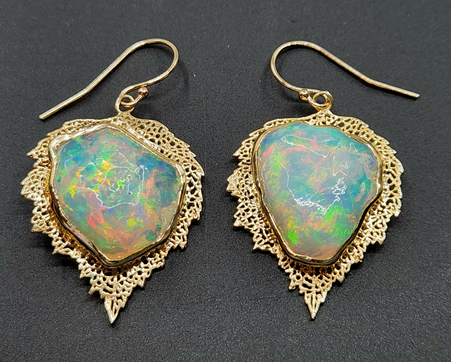 Carved Opal Leaf Earrings 14k Gold #462