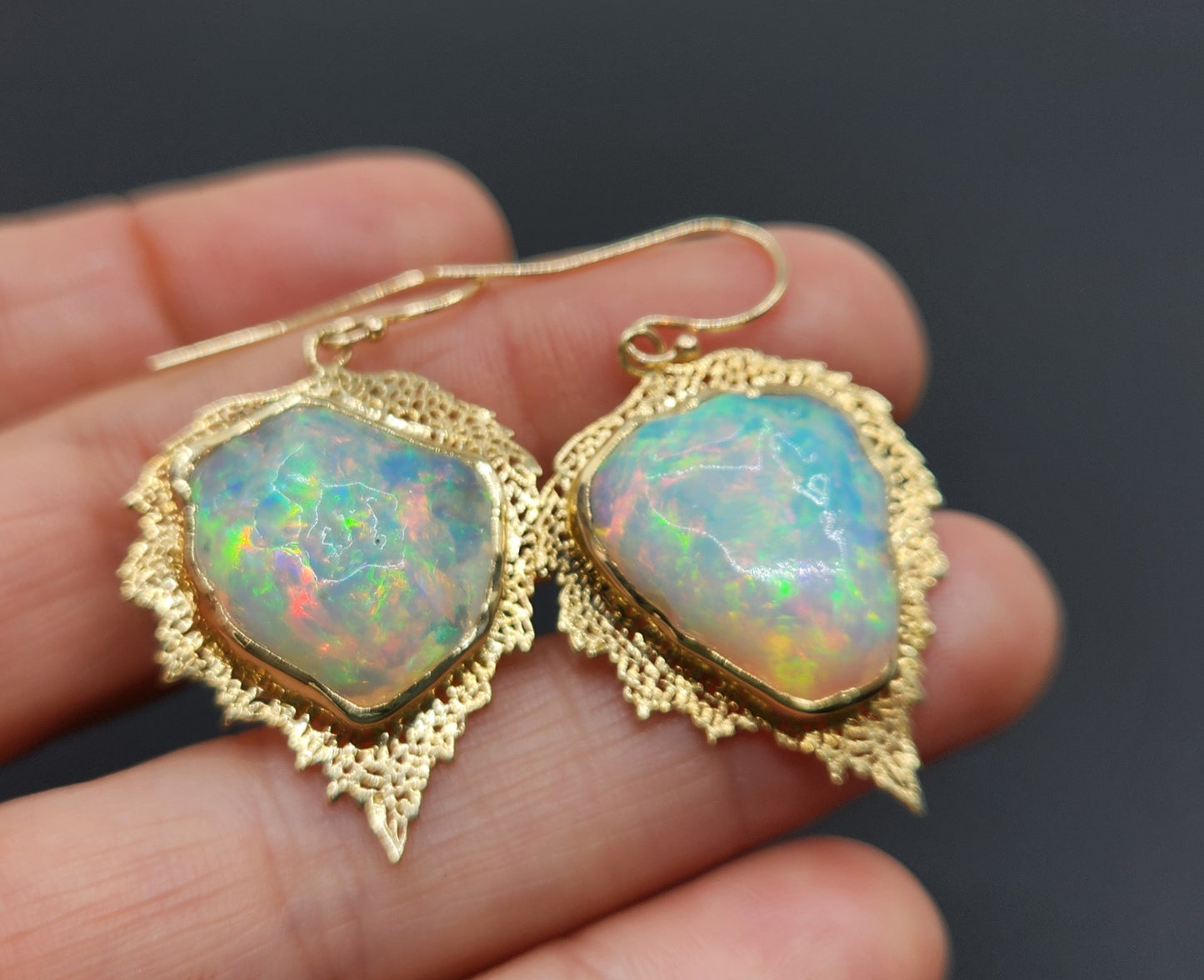 Carved Opal Leaf Earrings 14k Gold #462