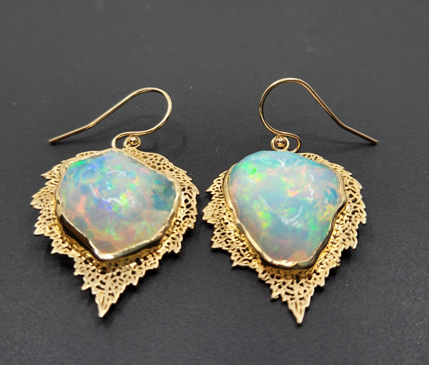 Carved Opal Leaf Earrings 14k Gold #462
