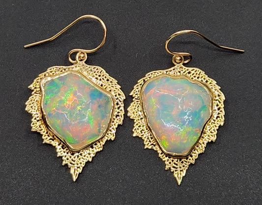 Carved Opal Leaf Earrings 14k Gold #462