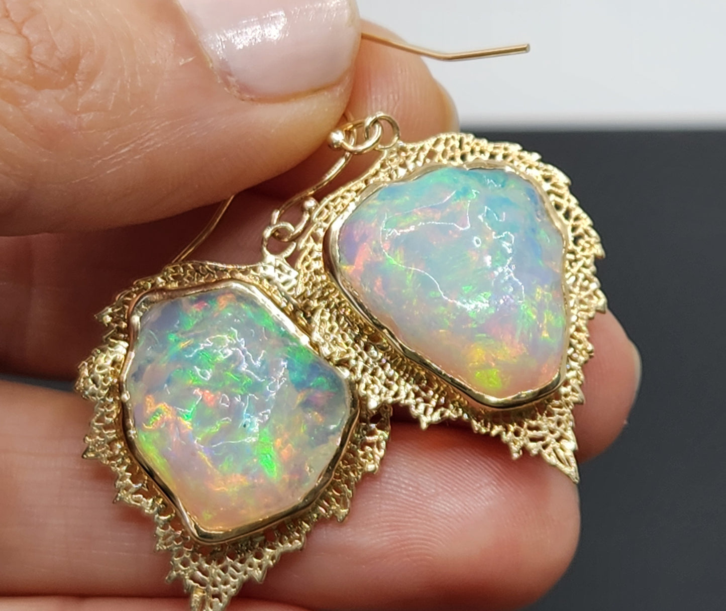 Carved Opal Leaf Earrings 14k Gold #462