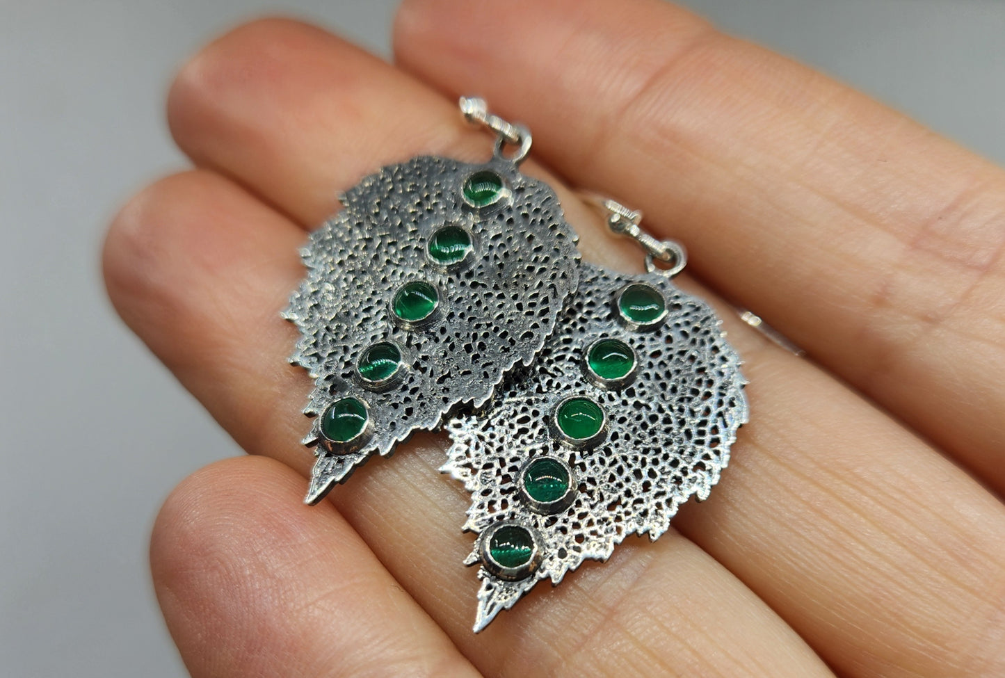 Emerald Leaf Earrings Sterling Silver Gemstone Jewelry #464