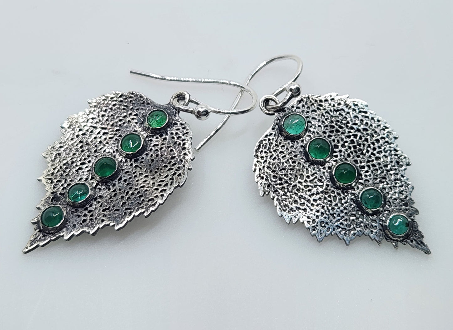 Emerald Leaf Earrings Sterling Silver Gemstone Jewelry #464