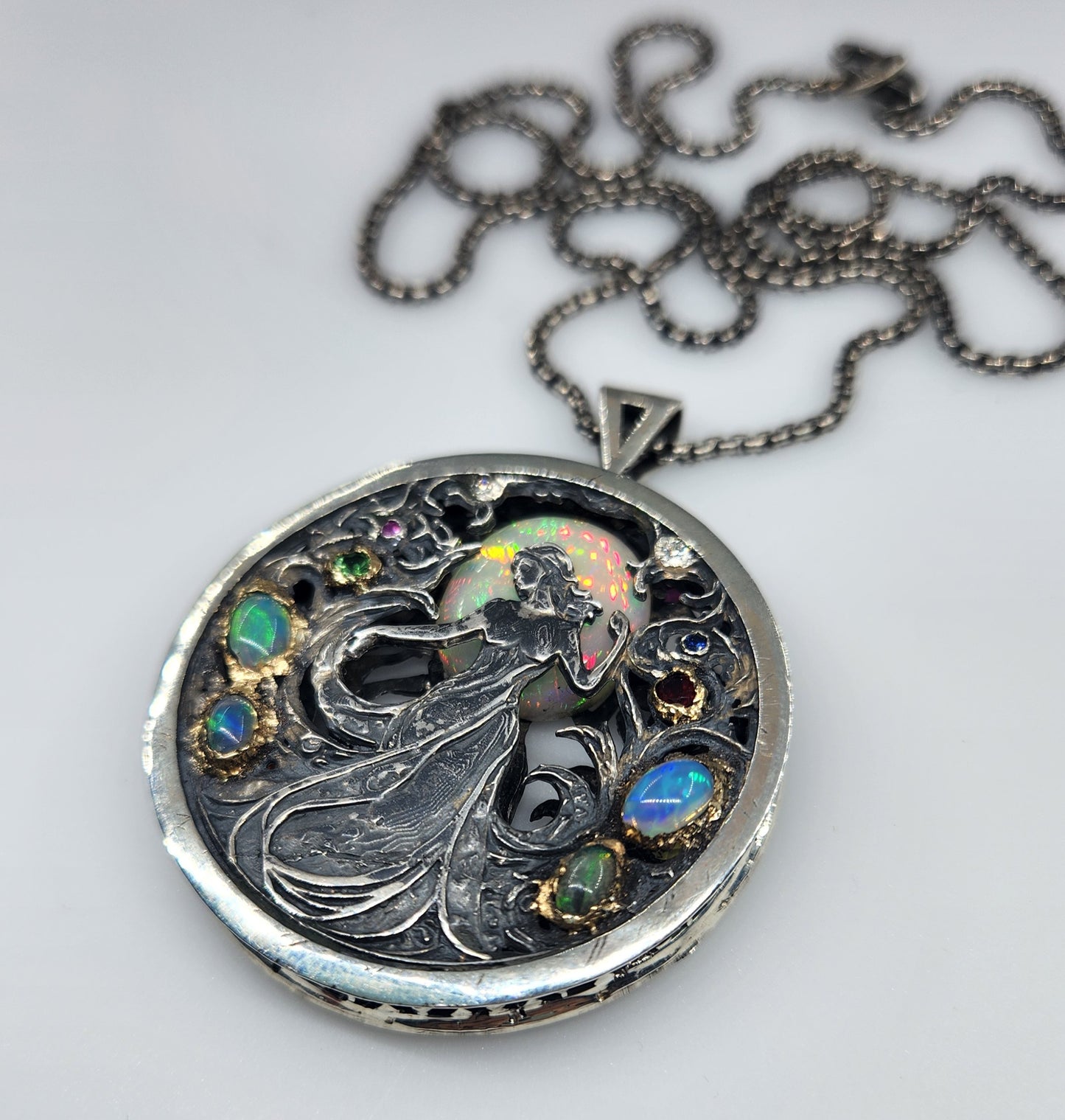 Opal Carved Lady Medallion Pendant Sterling Silver & 14k Gold Pendant #467