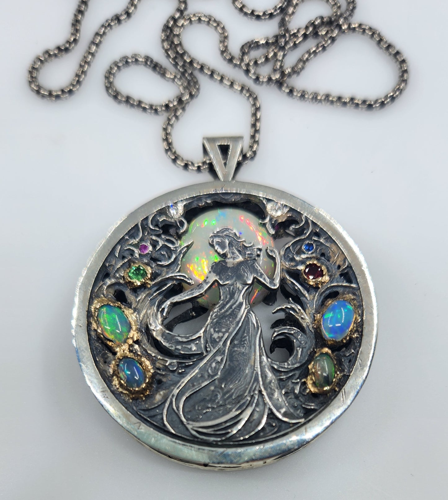 Opal Carved Lady Medallion Pendant Sterling Silver & 14k Gold Pendant #467