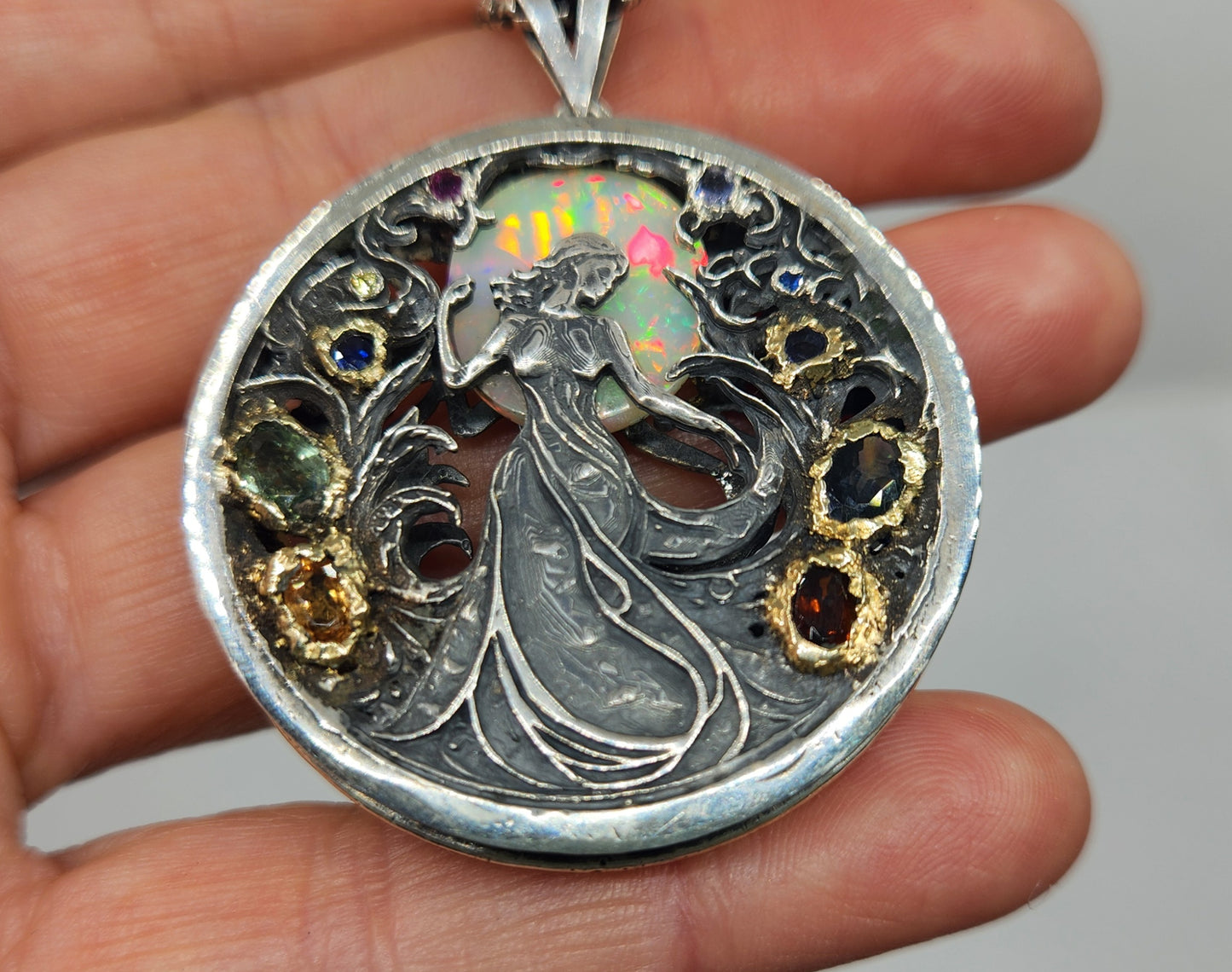 Opal Carved Lady Medallion Pendant Sterling Silver & 14k Gold Pendant #467