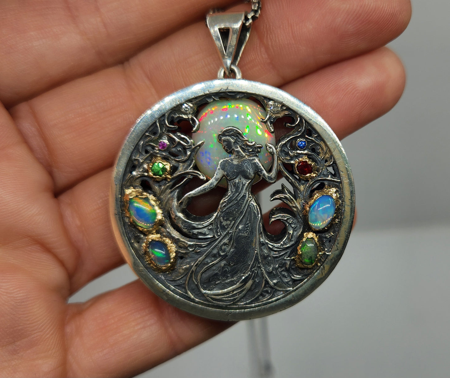 Opal Carved Lady Medallion Pendant Sterling Silver & 14k Gold Pendant #467