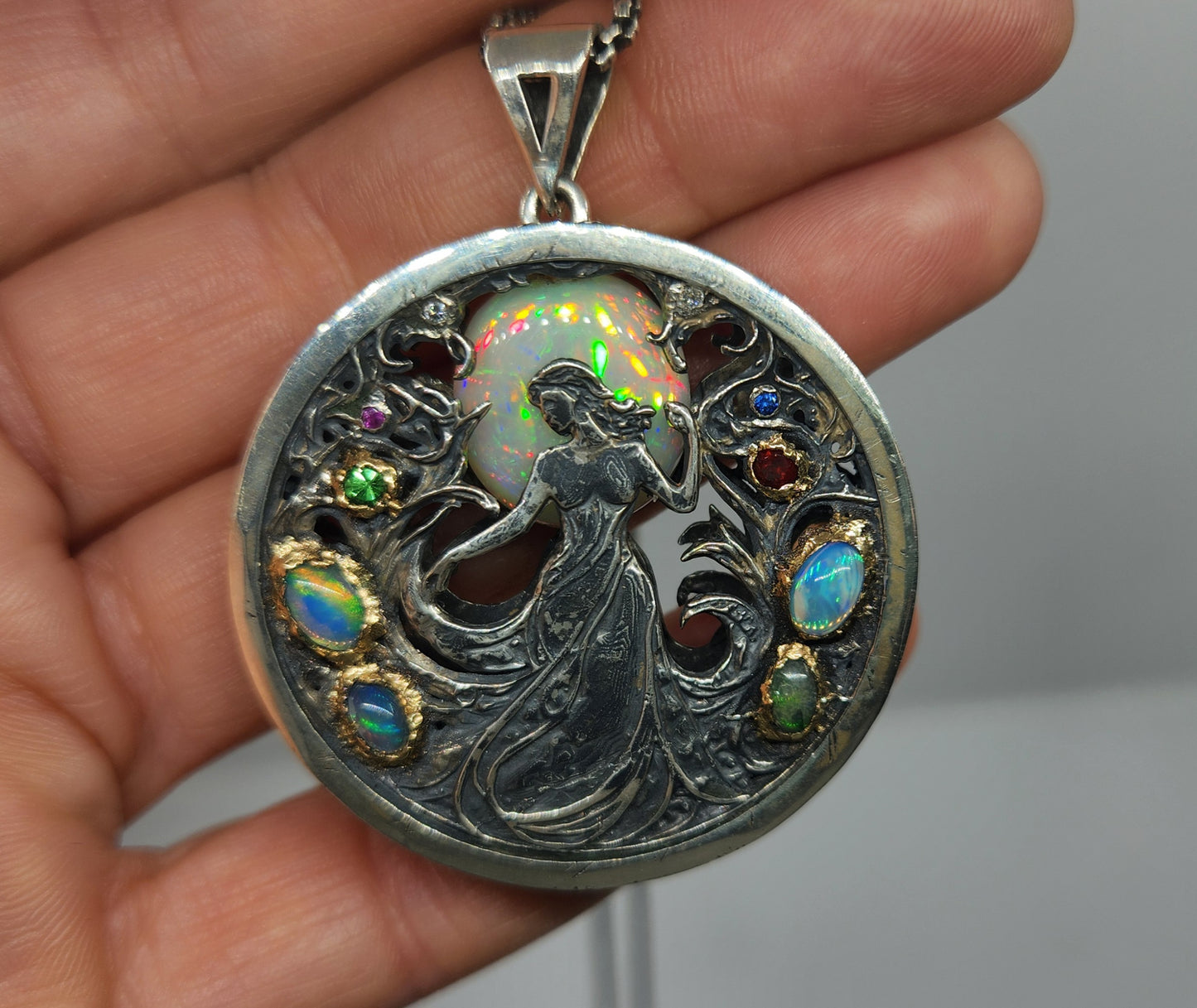 Opal Carved Lady Medallion Pendant Sterling Silver & 14k Gold Pendant #467