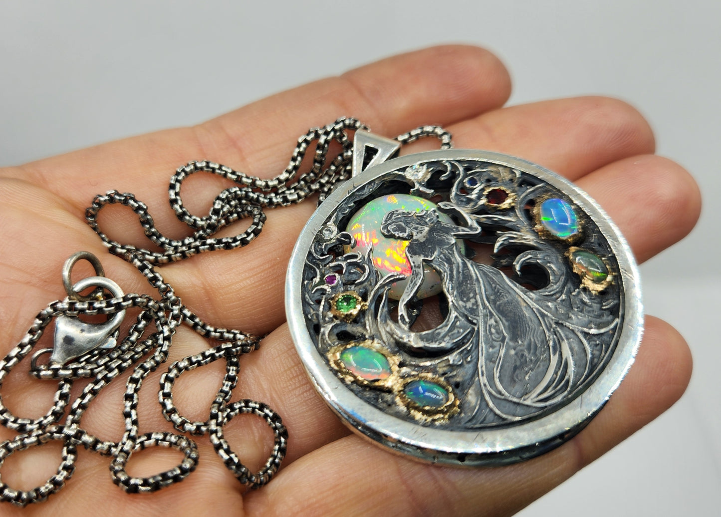 Opal Carved Lady Medallion Pendant Sterling Silver & 14k Gold Pendant #467