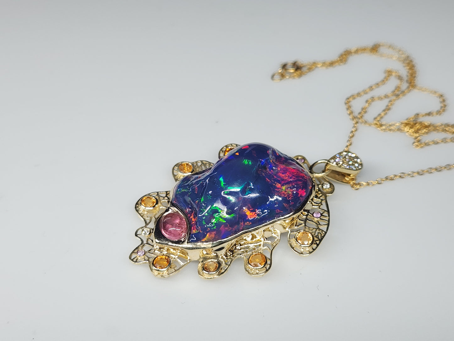 Carved Black Opal Oak Leaf Pendant 14k Gold Necklace #525