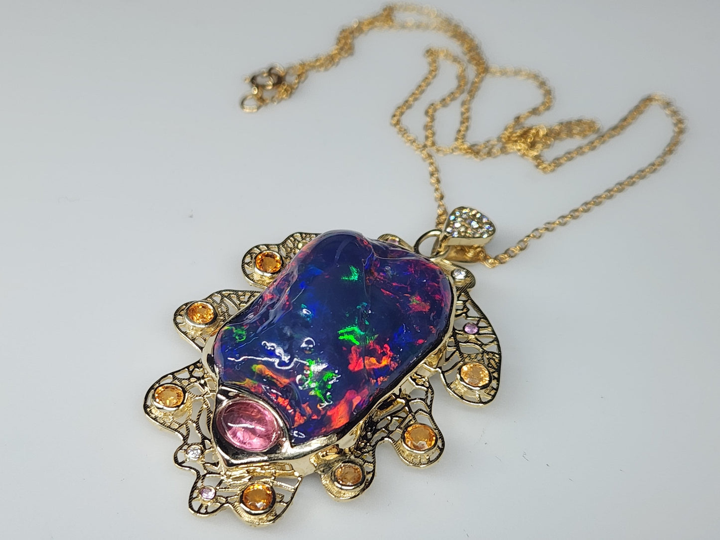 Carved Black Opal Oak Leaf Pendant 14k Gold Necklace #525