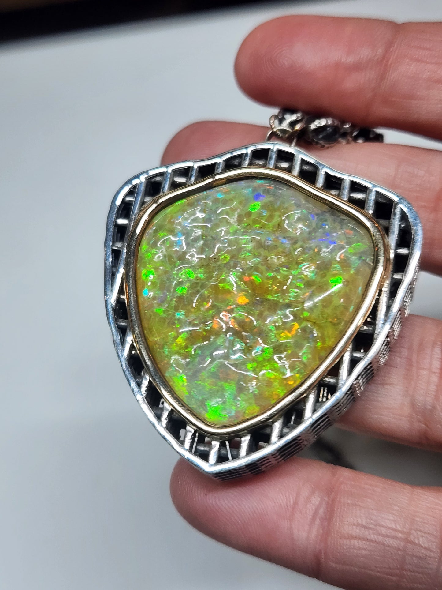 Large Natural Opal Specimen Pendant Sterling Silver Gemstone Jewelry #579