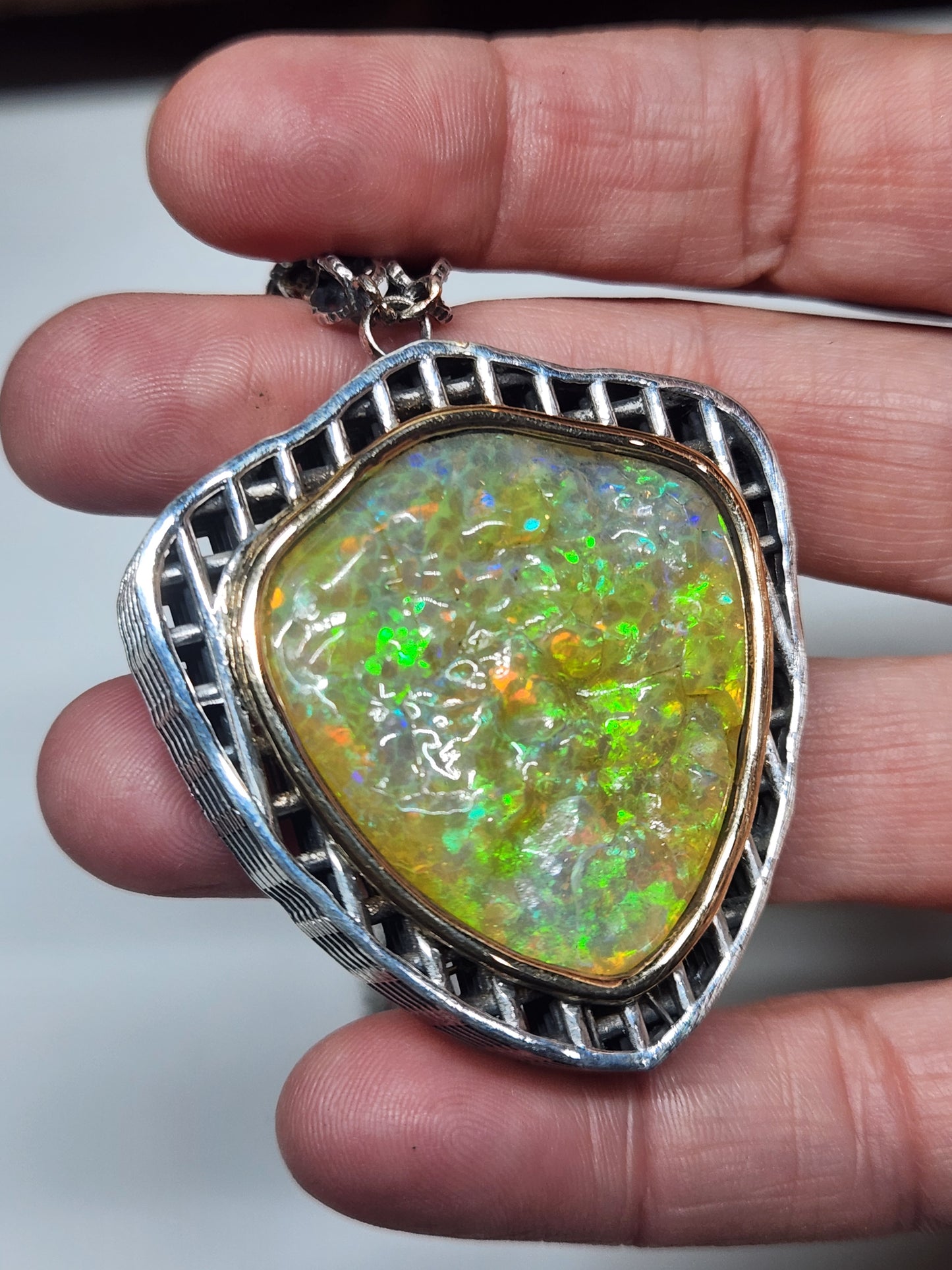 Large Natural Opal Specimen Pendant Sterling Silver Gemstone Jewelry #579