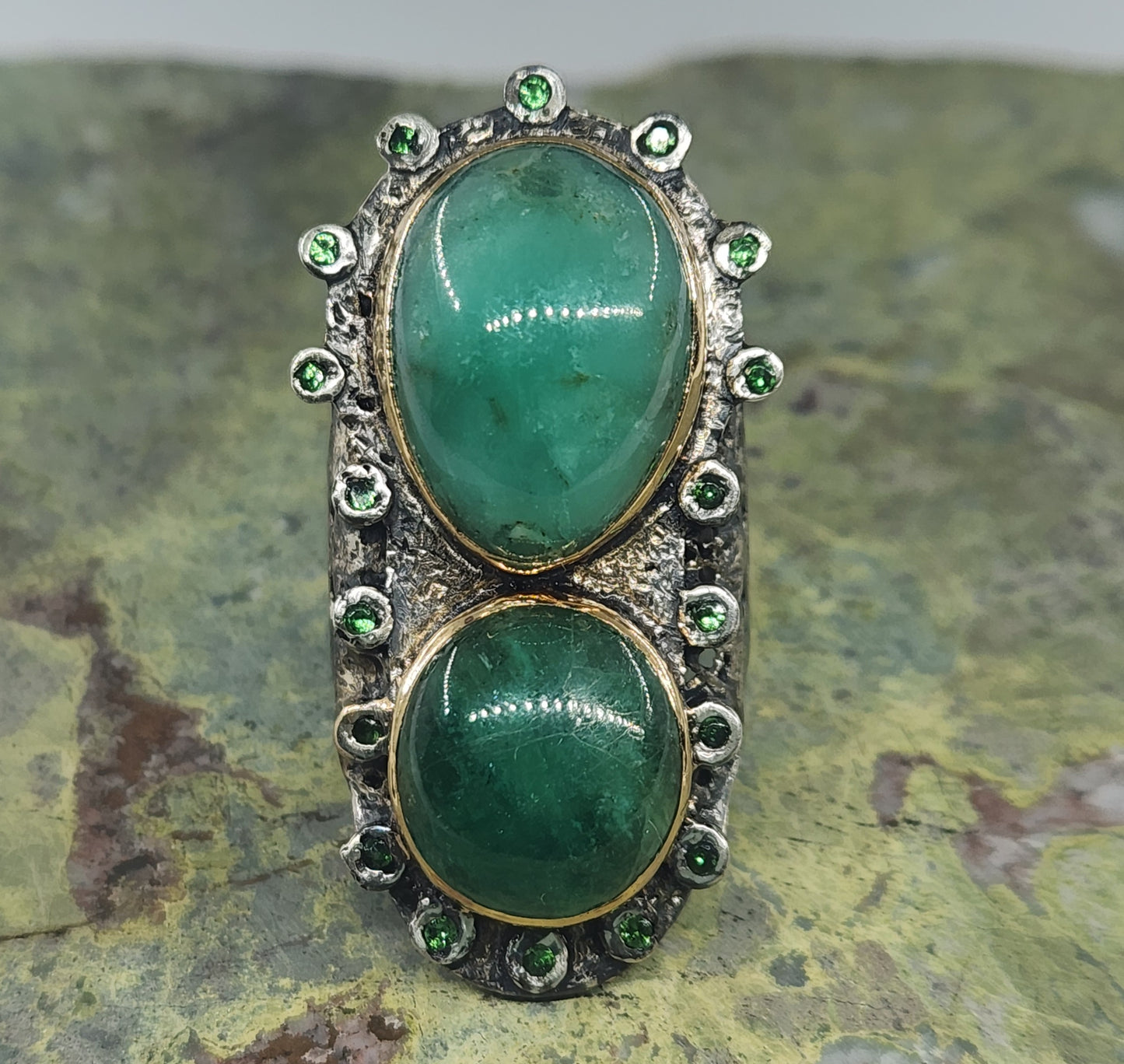 Emerald Rustic Sterling Silver & Gold Ring #577