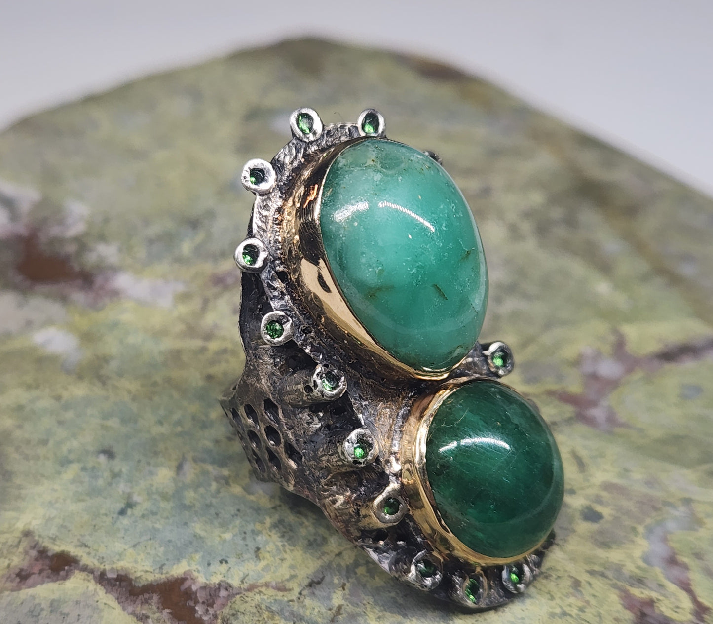 Emerald Rustic Sterling Silver & Gold Ring #577