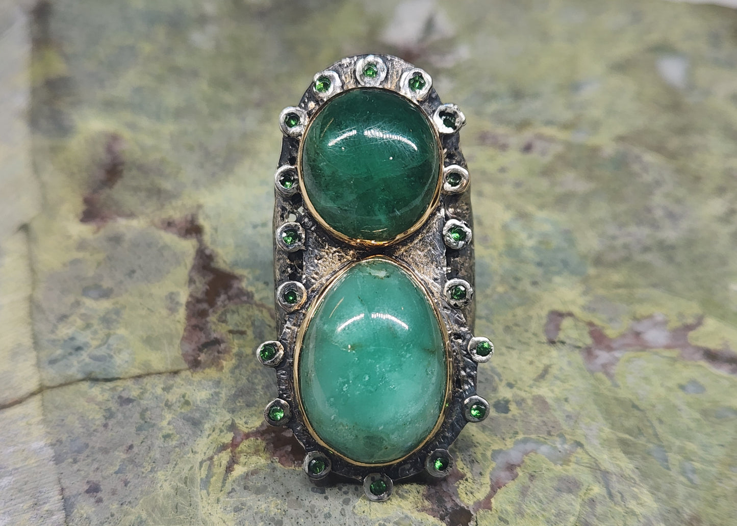 Emerald Rustic Sterling Silver & Gold Ring #577