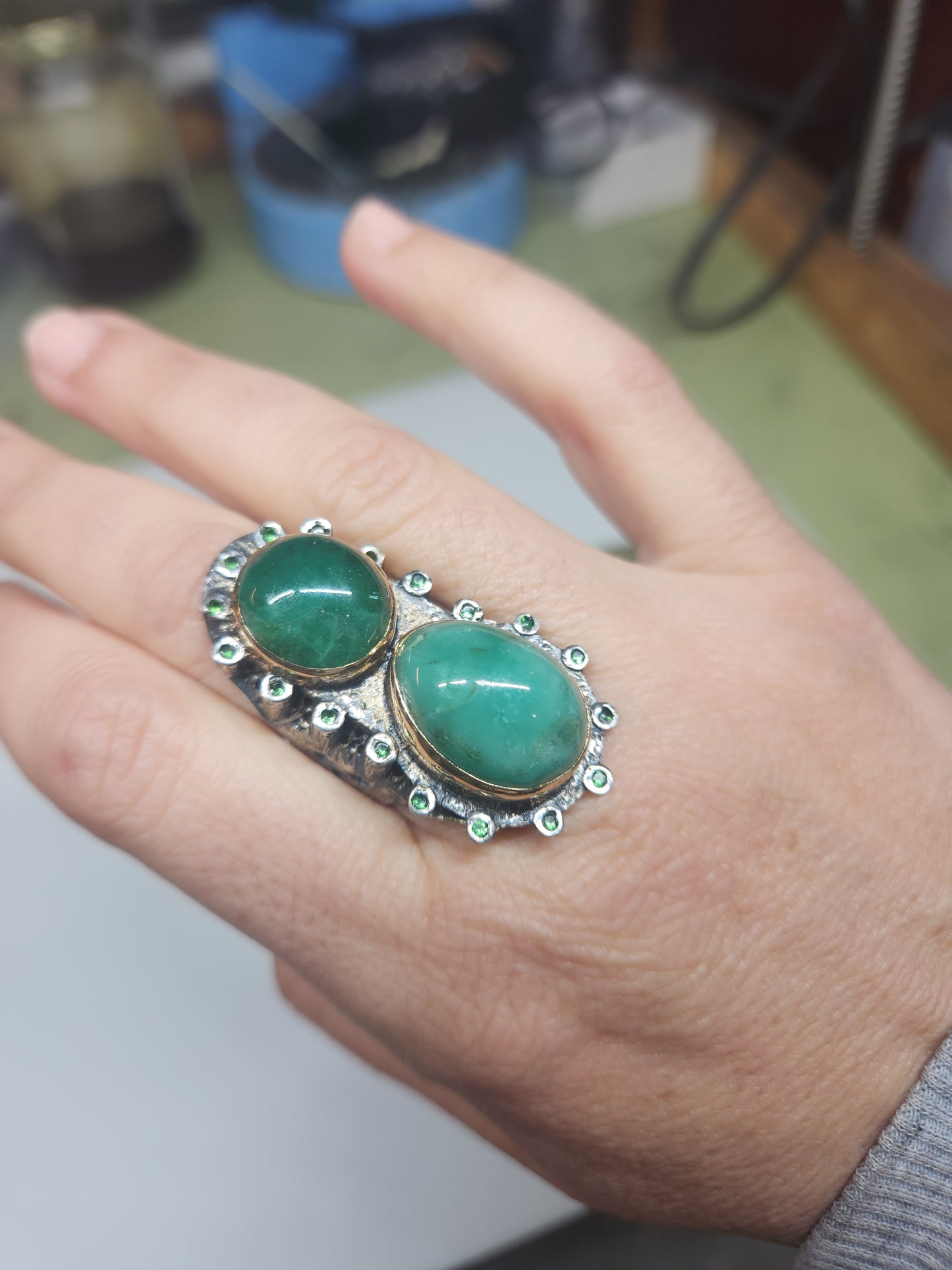 Emerald Rustic Sterling Silver & Gold Ring #577