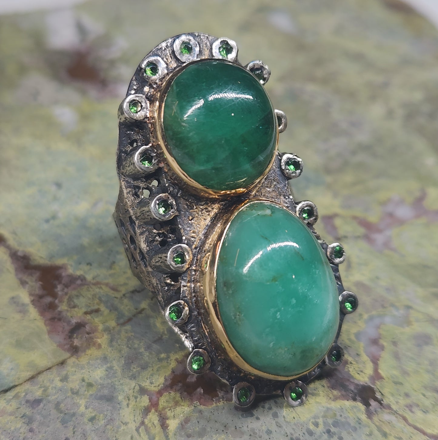 Emerald Rustic Sterling Silver & Gold Ring #577