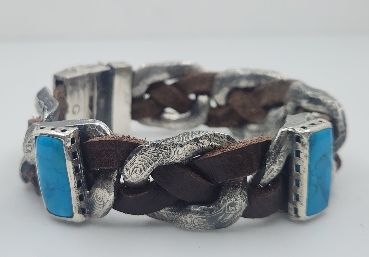 Rustic Silver & Leather Turquoise Gemstone Link Bracelet #580