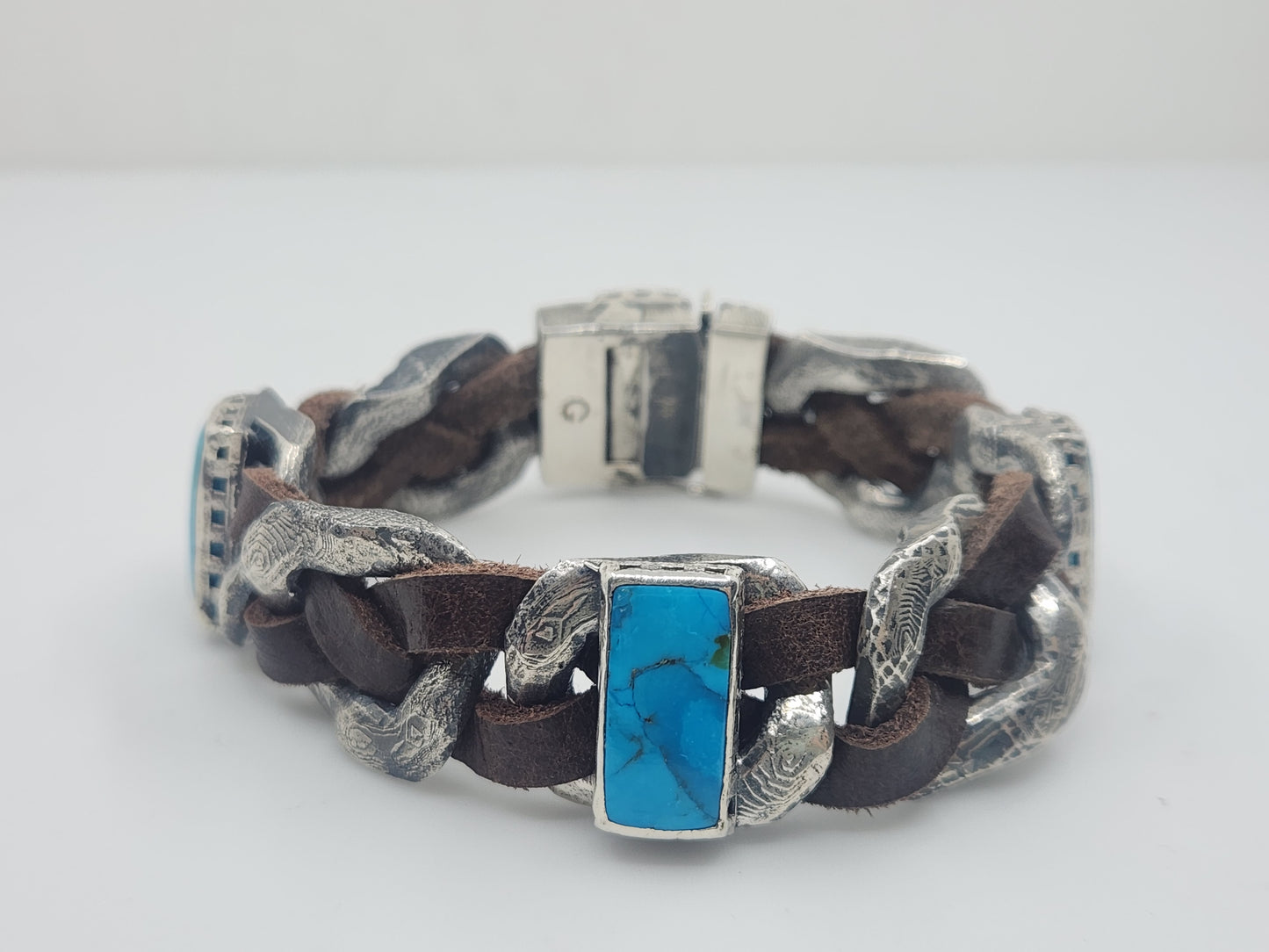 Rustic Silver & Leather Turquoise Gemstone Link Bracelet #580