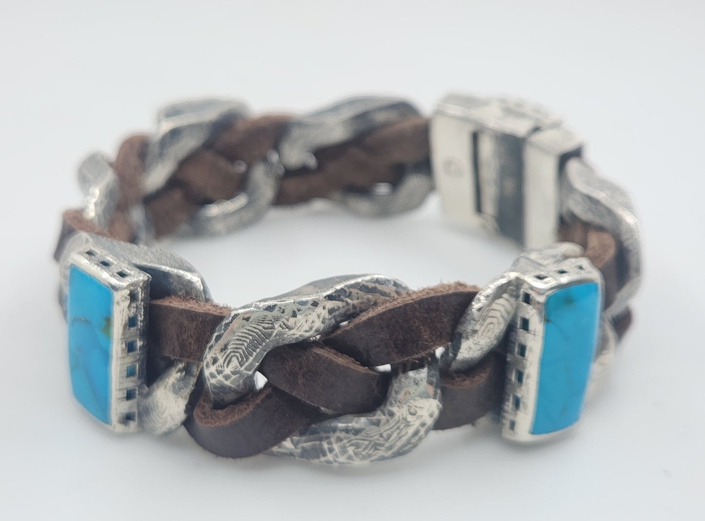 Rustic Silver & Leather Turquoise Gemstone Link Bracelet #580