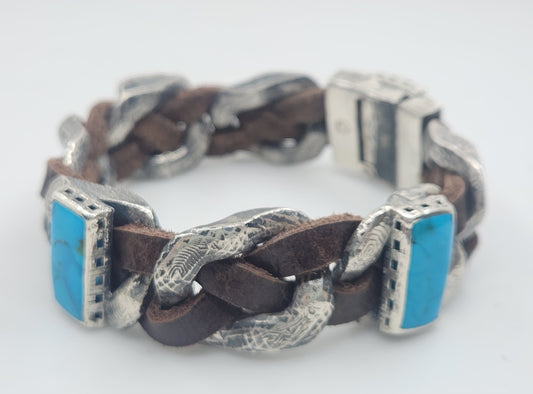 Rustic Silver & Leather Turquoise Gemstone Link Bracelet #580
