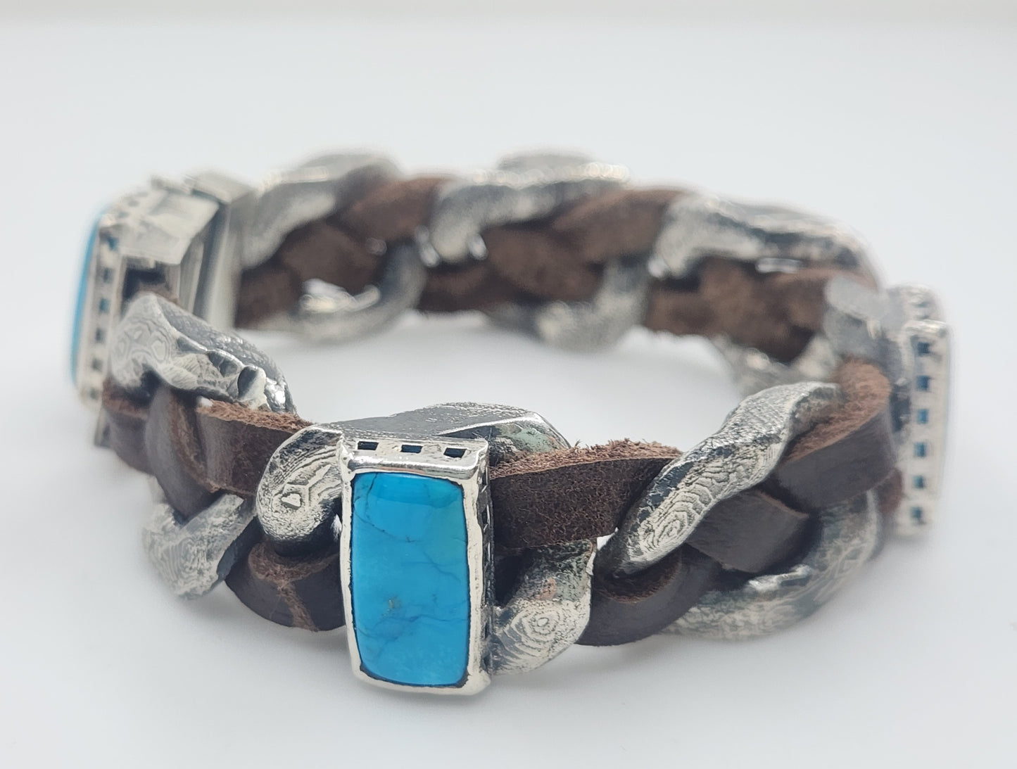 Rustic Silver & Leather Turquoise Gemstone Link Bracelet #580