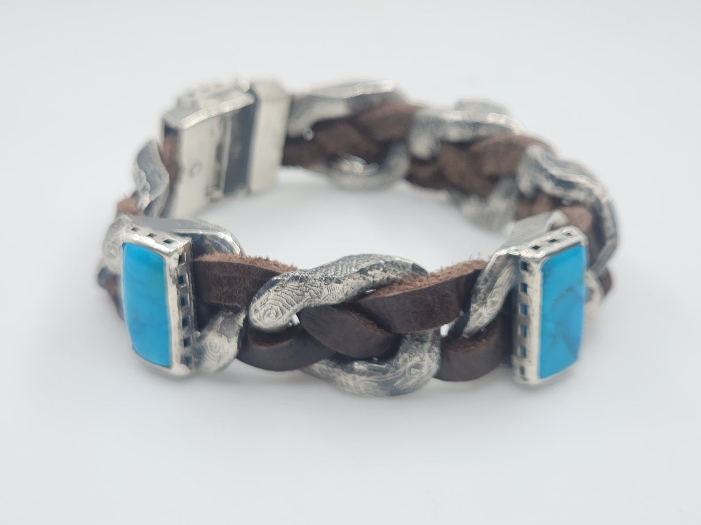 Rustic Silver & Leather Turquoise Gemstone Link Bracelet #580