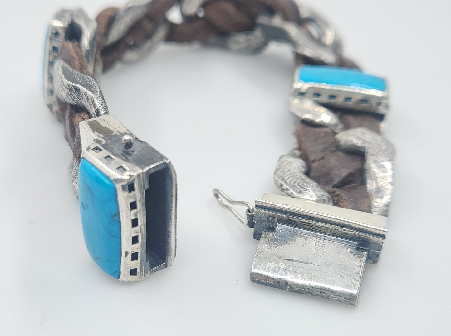 Rustic Silver & Leather Turquoise Gemstone Link Bracelet #580
