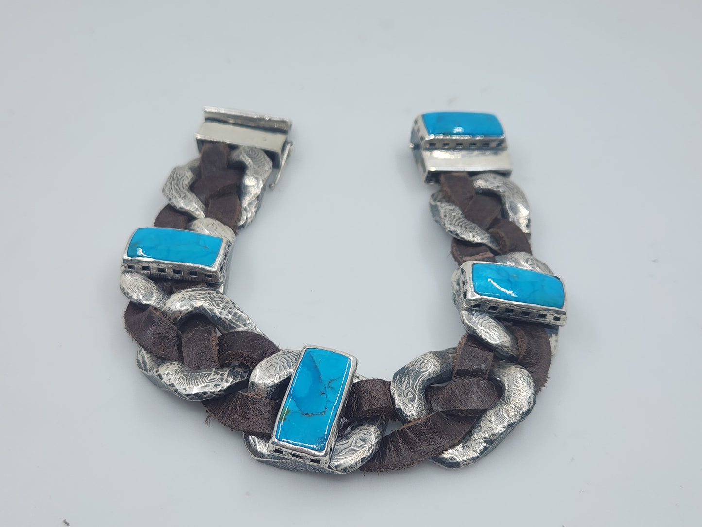 Rustic Silver & Leather Turquoise Gemstone Link Bracelet #580
