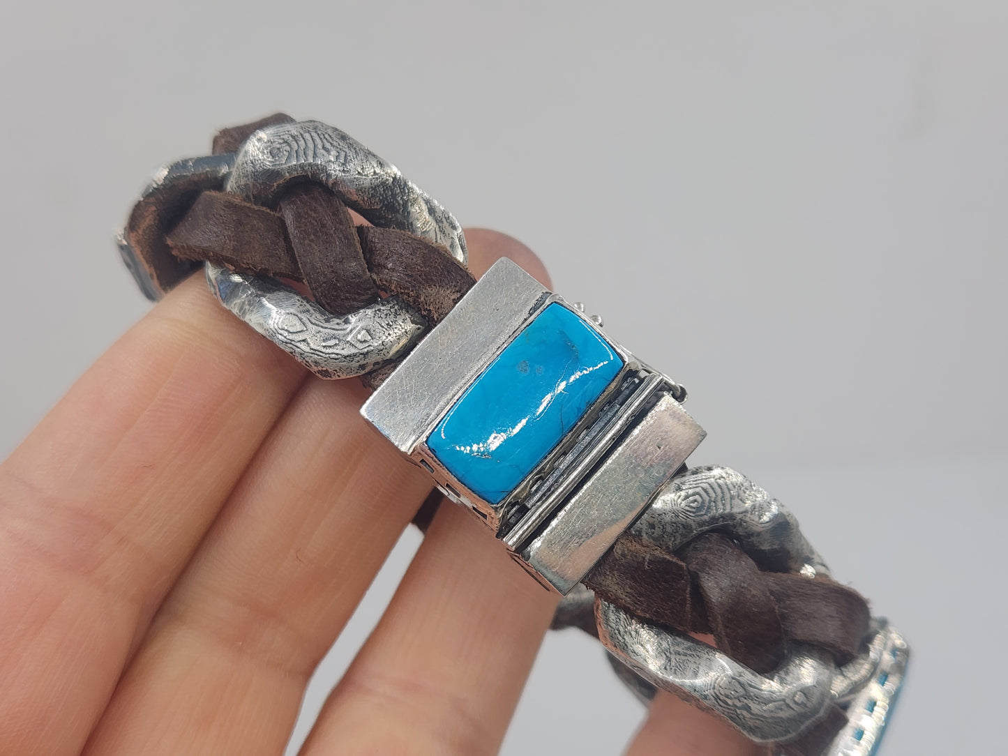 Rustic Silver & Leather Turquoise Gemstone Link Bracelet #580