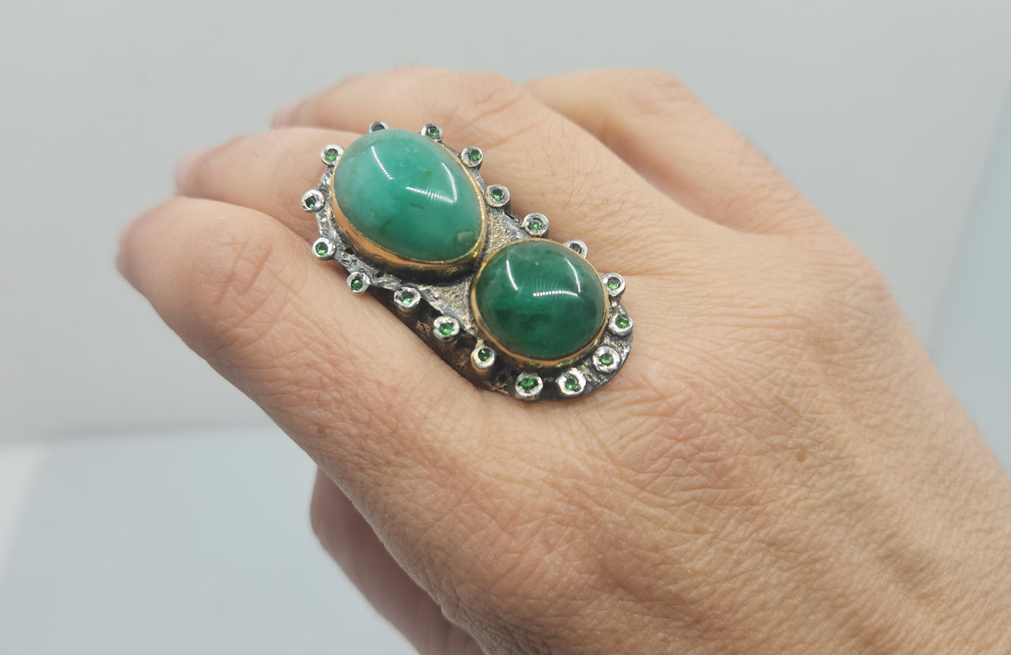 Emerald Rustic Sterling Silver & Gold Ring #577