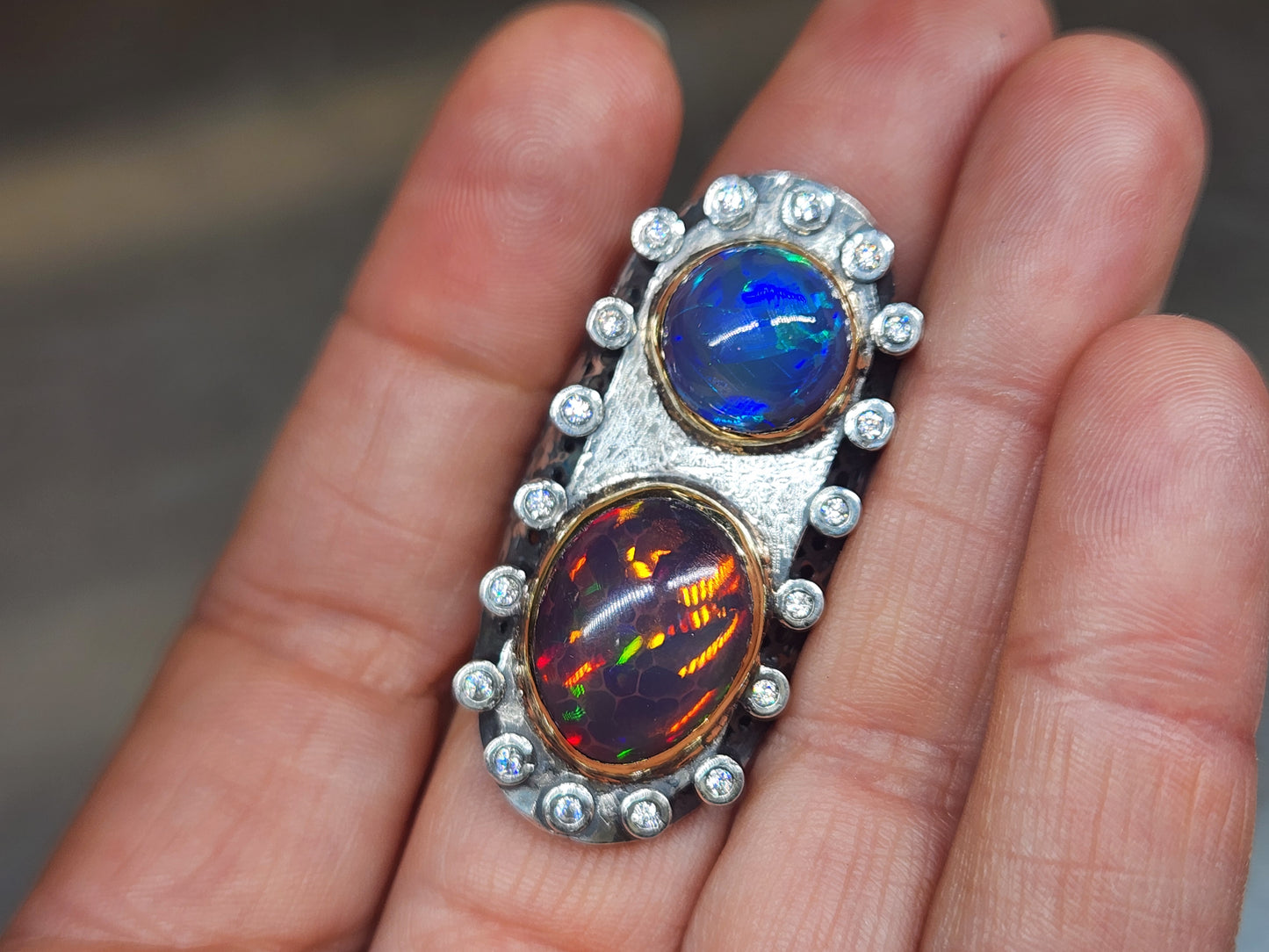 Opal & Moissanite Rustic Sterling Silver & Gold Ring #590