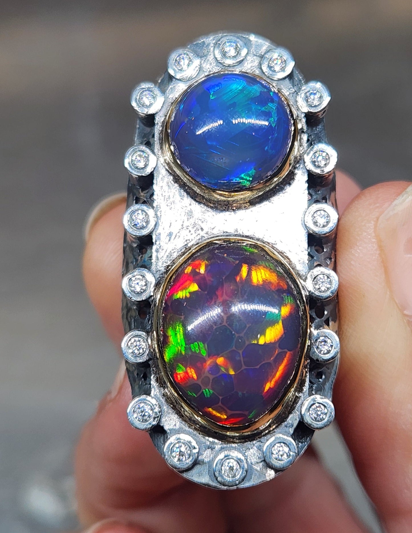 Opal & Moissanite Rustic Sterling Silver & Gold Ring #590