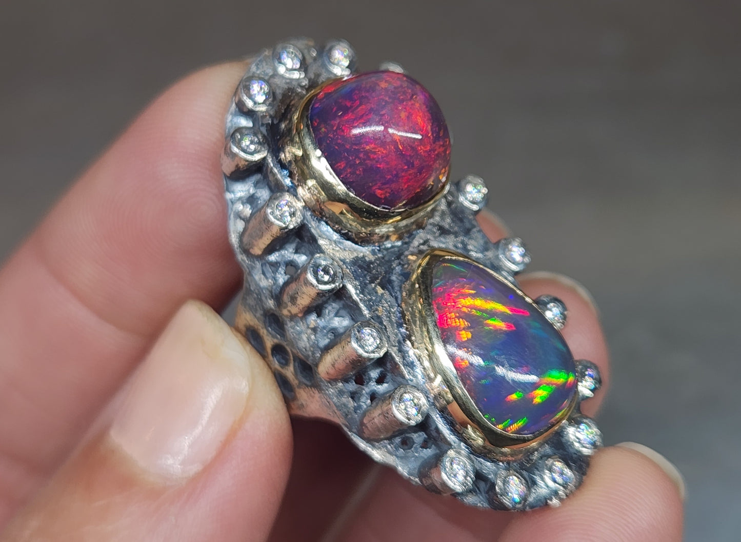Opal & Moissanite Rustic Sterling Silver & Gold Ring #592