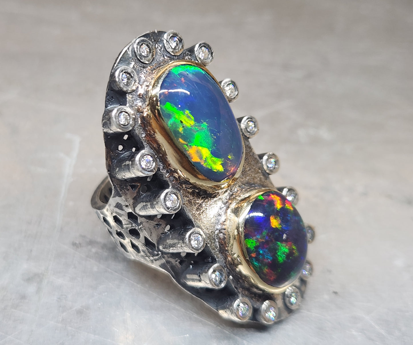 Opal & Moissanite Rustic Sterling Silver & Gold Ring #593