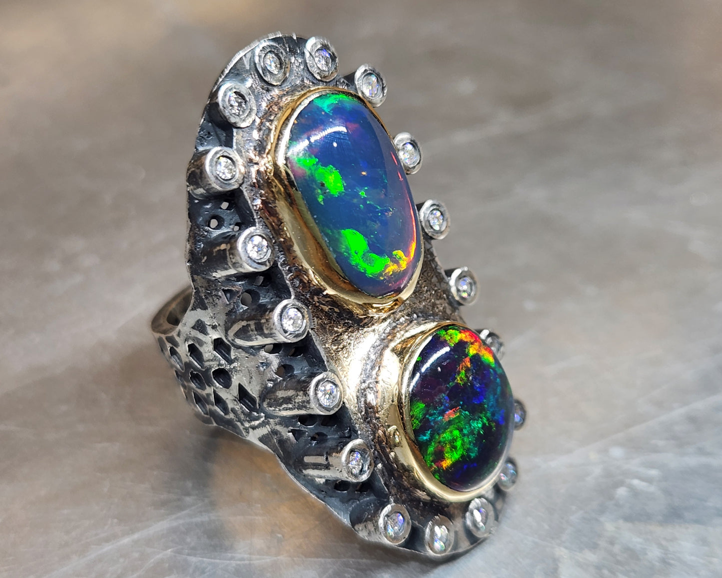 Opal & Moissanite Rustic Sterling Silver & Gold Ring #593
