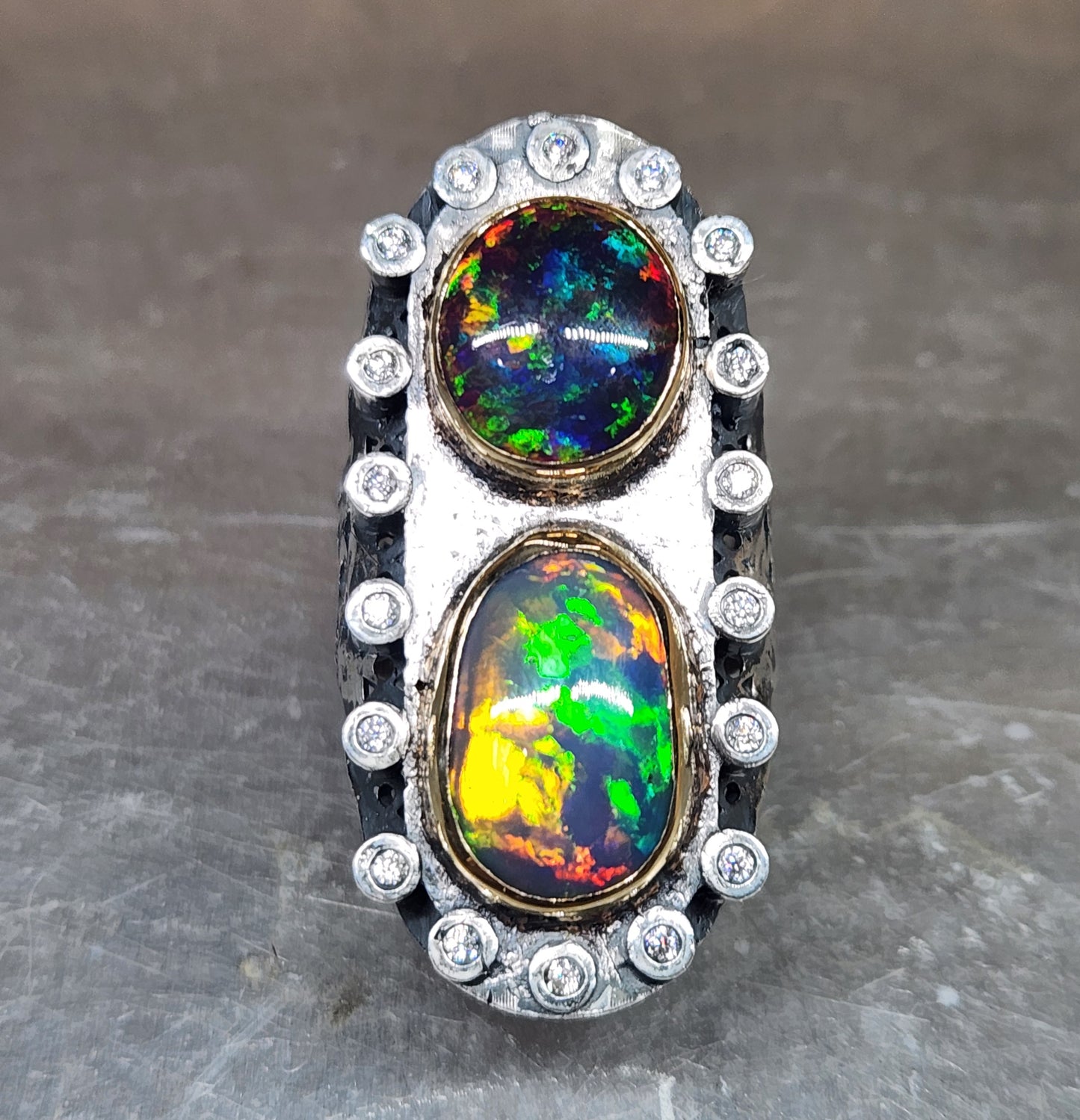 Opal & Moissanite Rustic Sterling Silver & Gold Ring #593