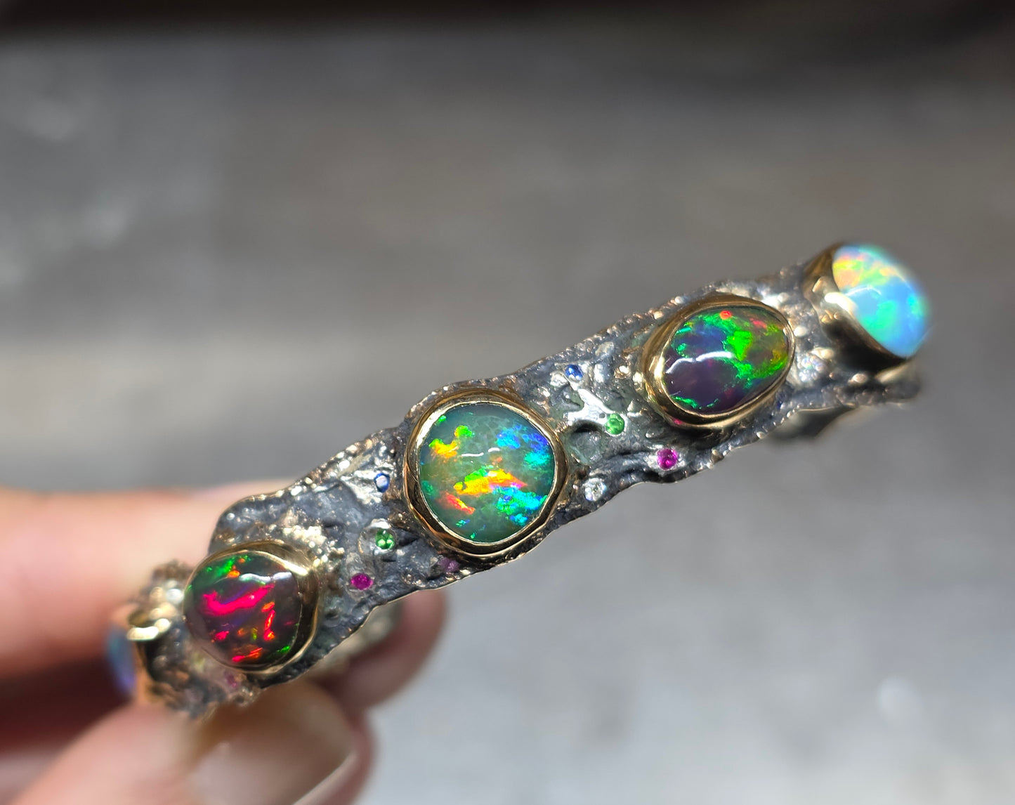 Rustic Silver & Gold Opal Gemstone Cuff Bracelet - Small #610
