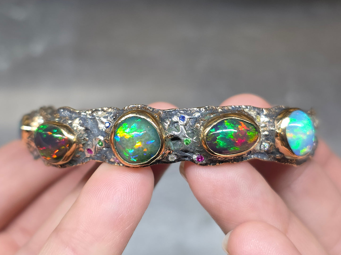 Rustic Silver & Gold Opal Gemstone Cuff Bracelet - Small #610