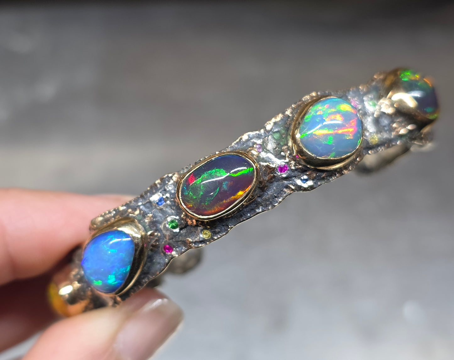 Rustic Silver & Gold Opal Gemstone Cuff Bracelet - Small #611