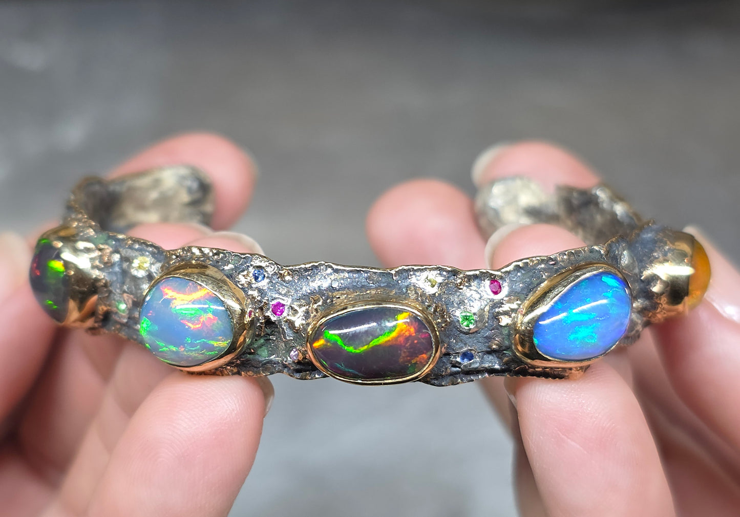 Rustic Silver & Gold Opal Gemstone Cuff Bracelet - Small #611
